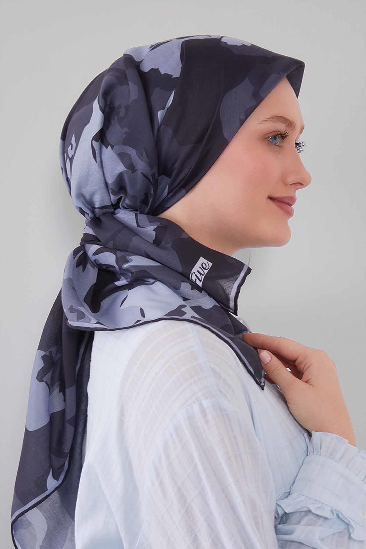 Fivescarf Antrasit Karışık Desen Silk Coton Eşarp
