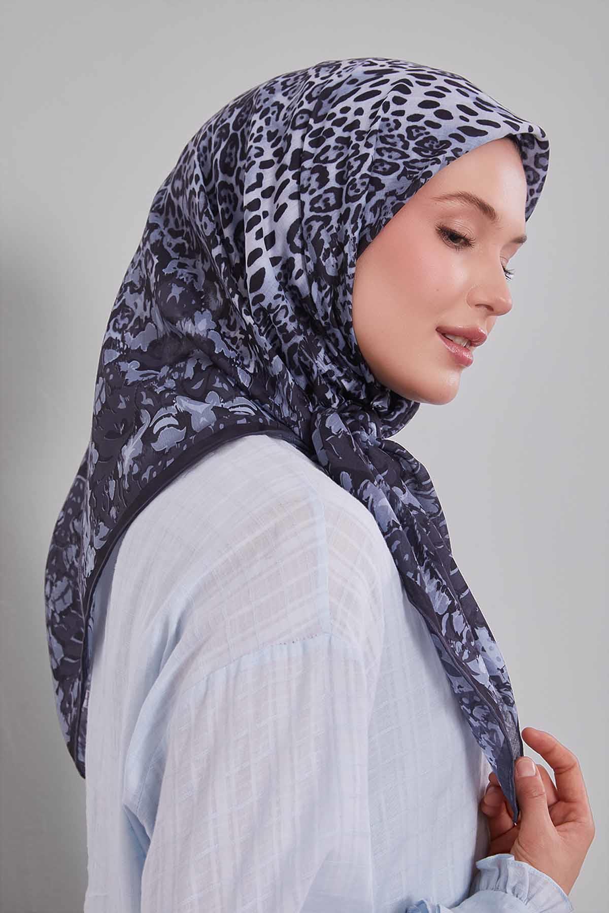Fivescarf Antrasit Karışık Leopar Desen Silk Coton Eşarp