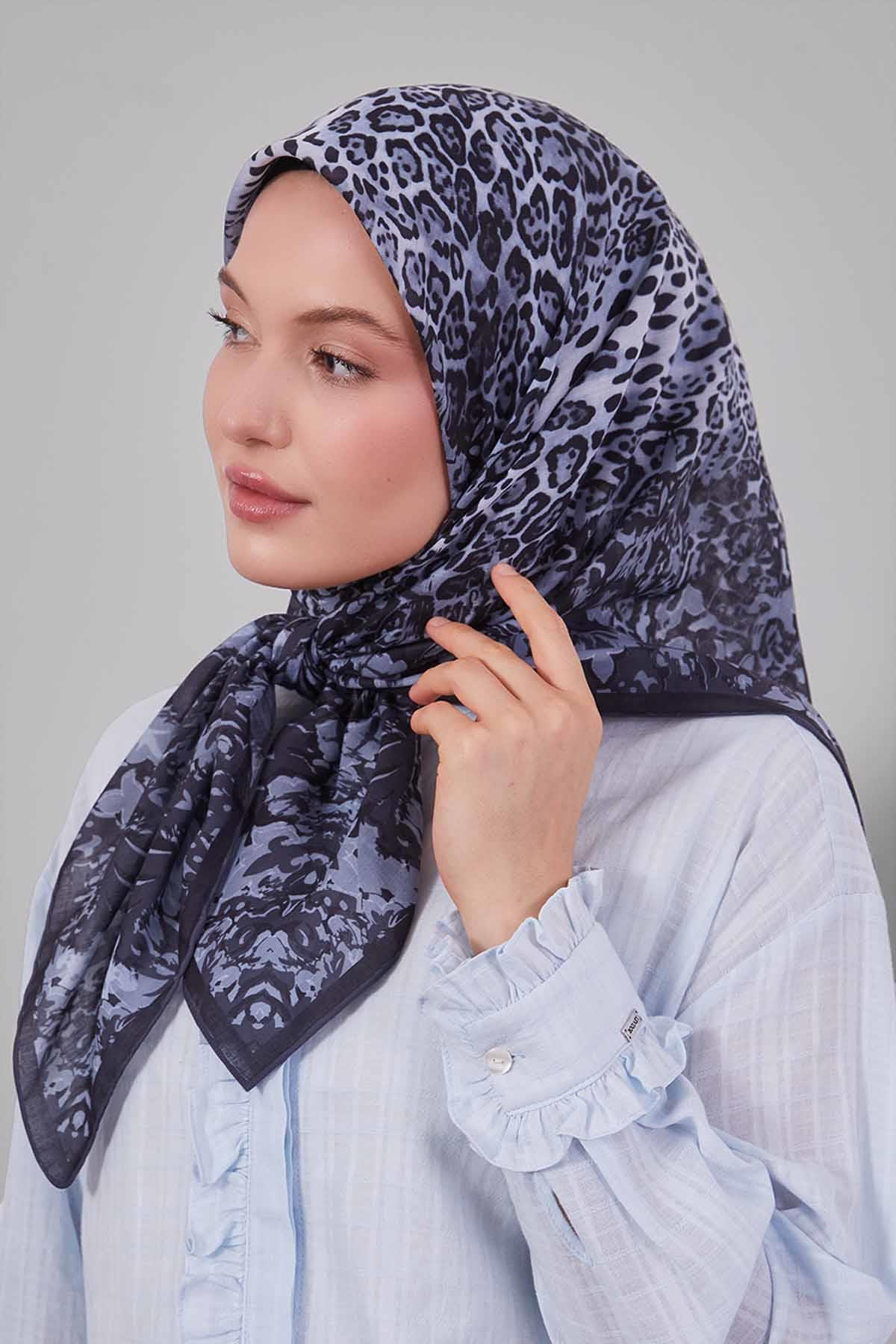 Fivescarf Antrasit Karışık Leopar Desen Silk Coton Eşarp