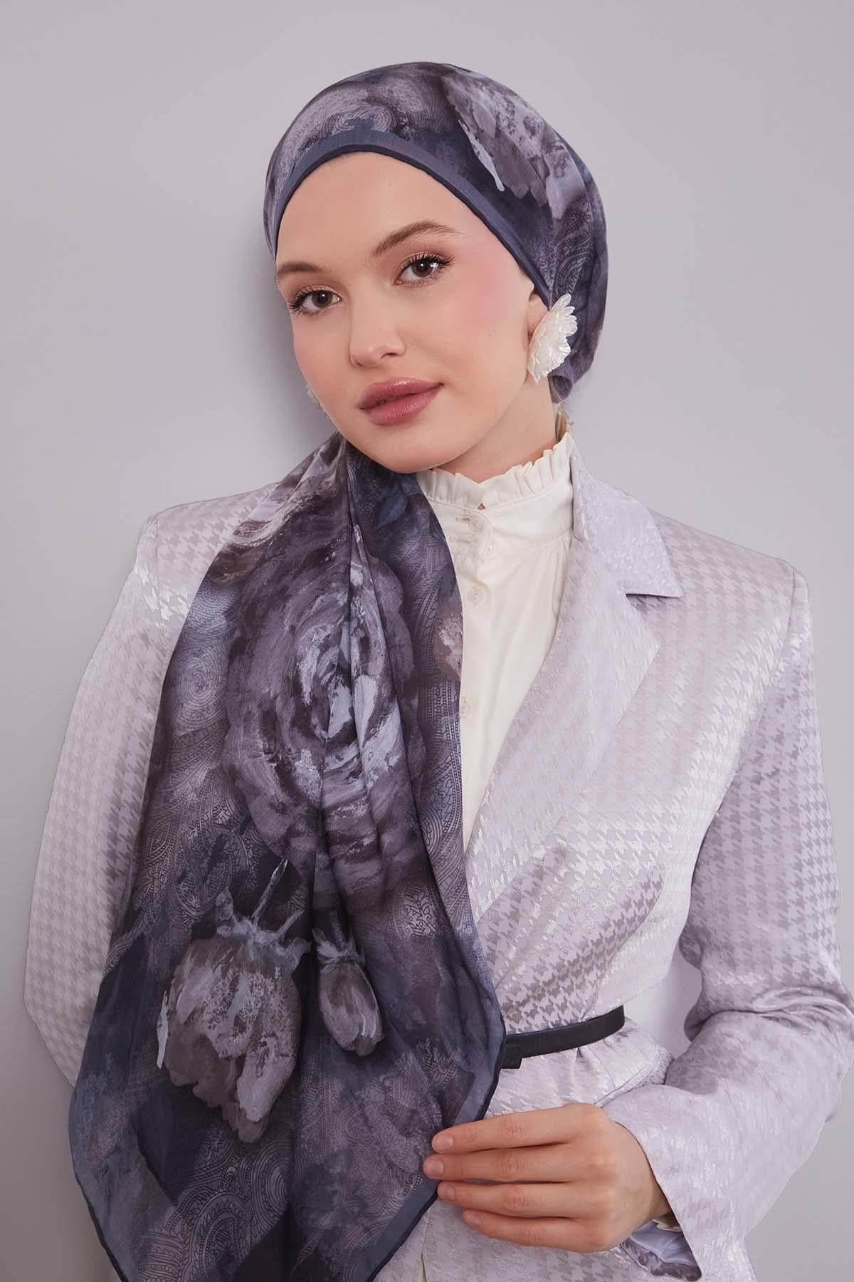 Fivescarf Antrasit Lale Desen Silk Coton Eşarp