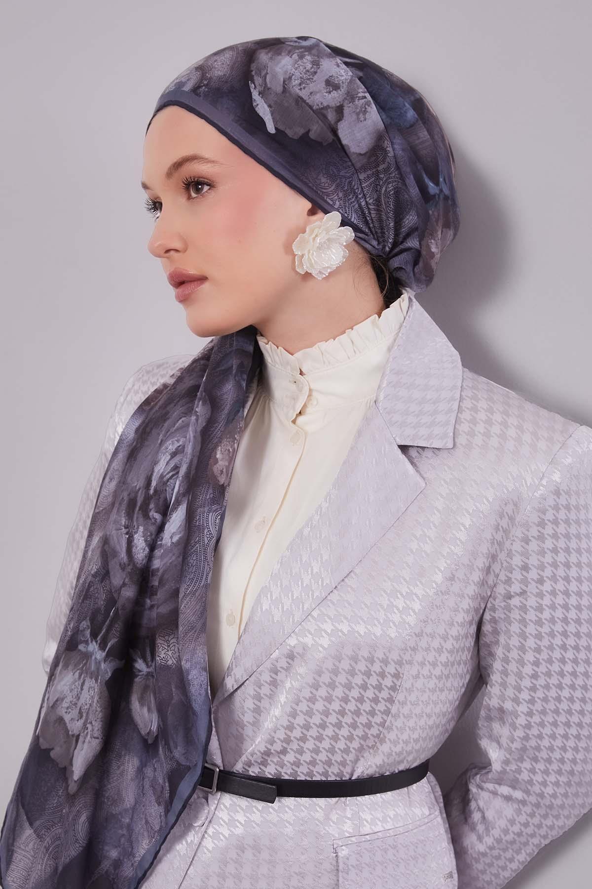 Fivescarf Antrasit Lale Desen Silk Coton Eşarp