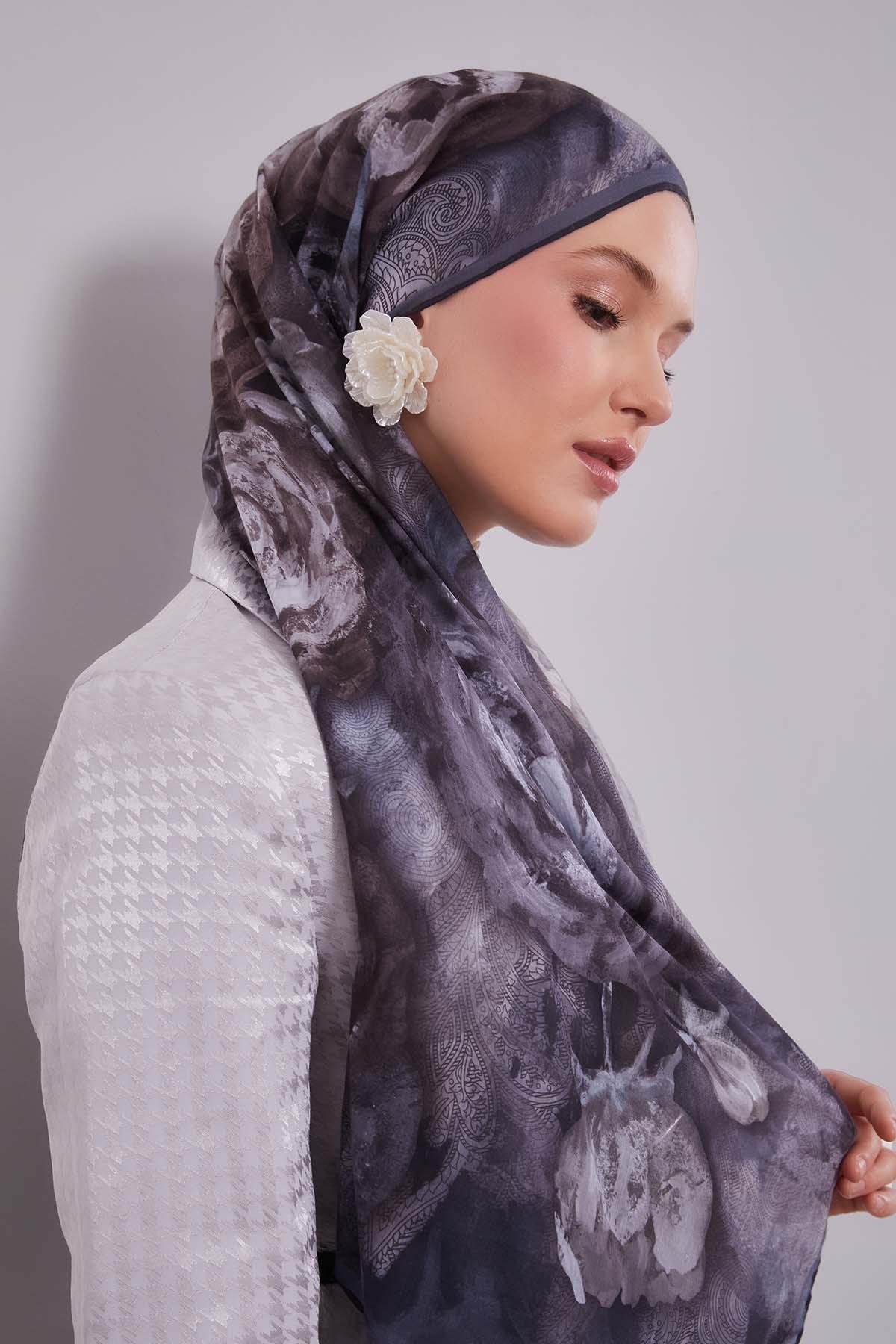 Fivescarf Antrasit Lale Desen Silk Coton Eşarp