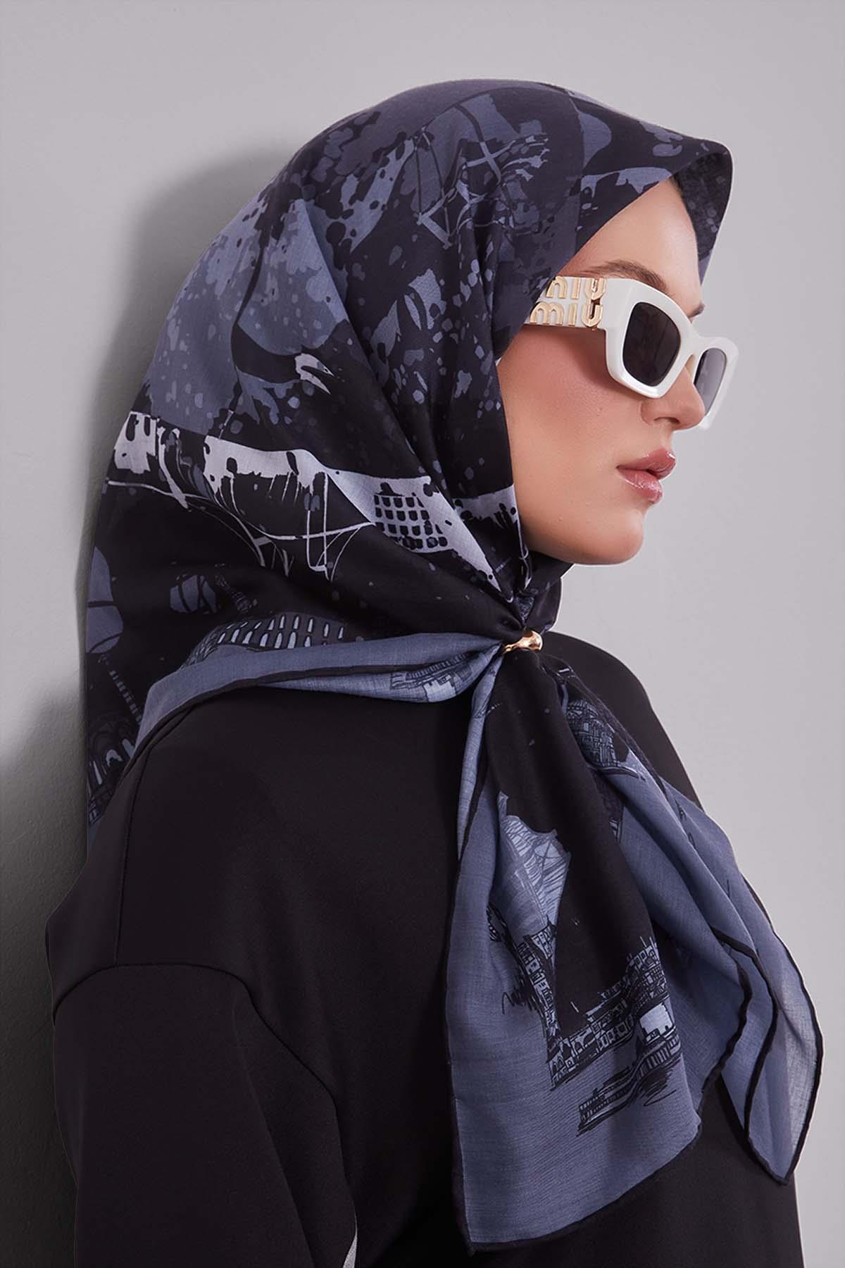 Fivescarf Antrasit Manzara Desen Silk Coton Eşarp