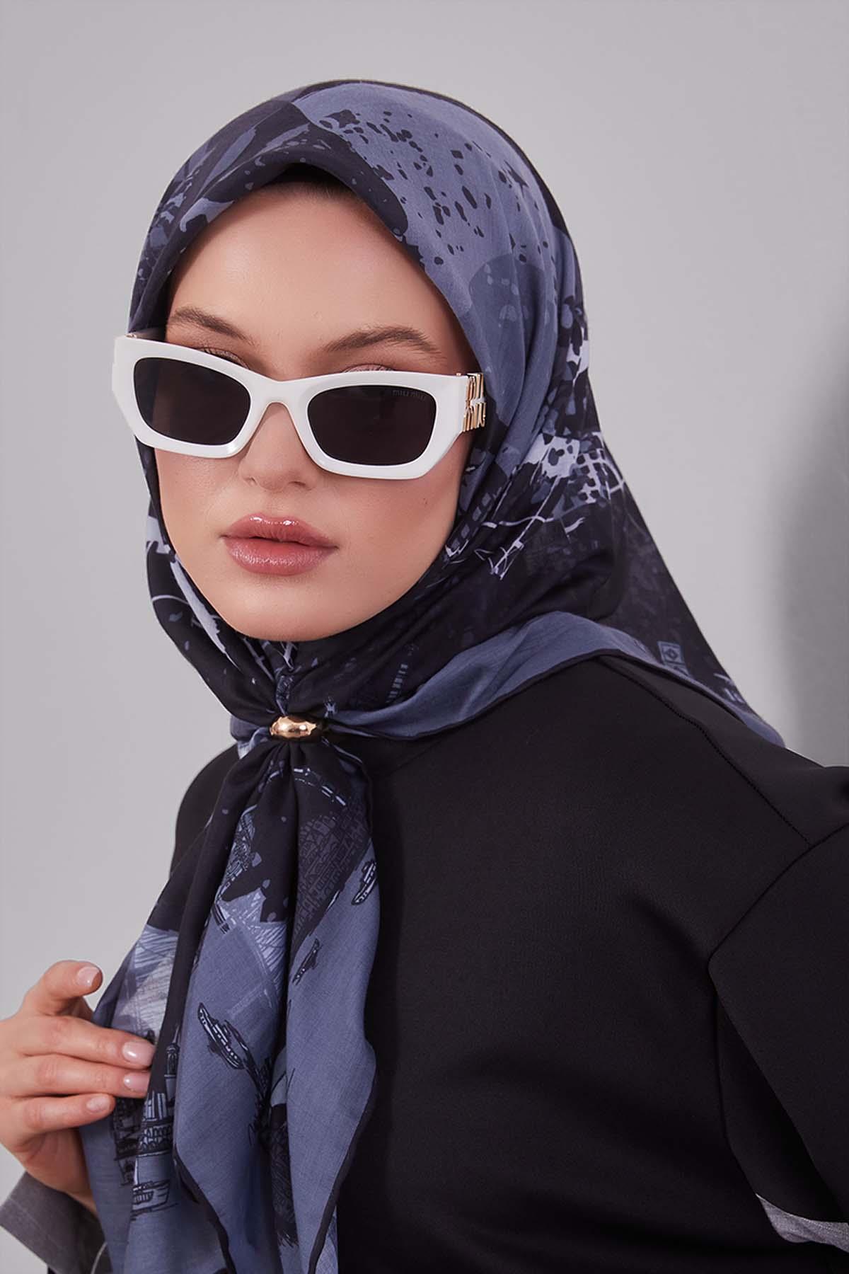 Fivescarf Antrasit Manzara Desen Silk Coton Eşarp