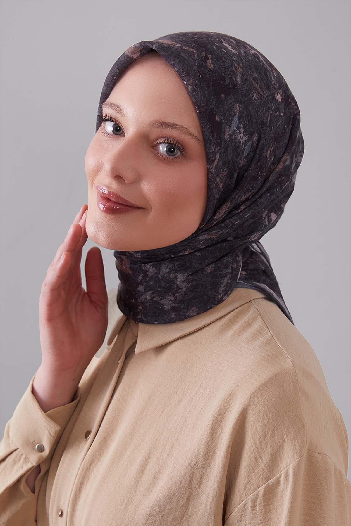 Fivescarf Antrasit Retro Çiçek Desen Silk Coton Eşarp