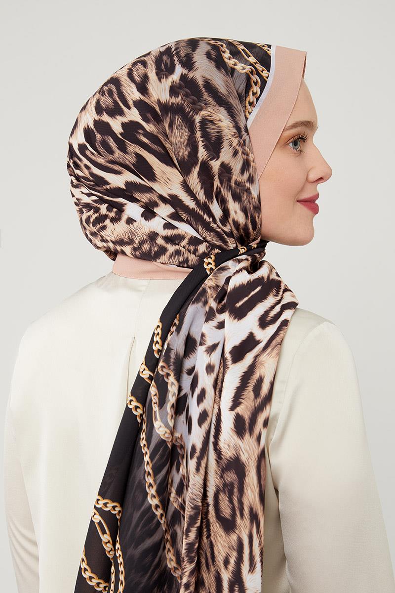 Fivescarf Bakır Leopar Desen Violet Medine İpeği Şal
