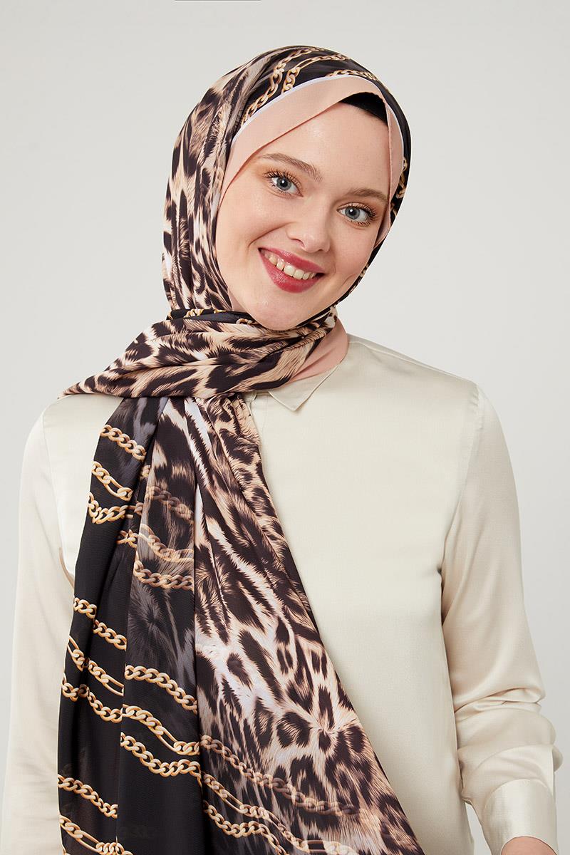 Fivescarf Bakır Leopar Desen Violet Medine İpeği Şal