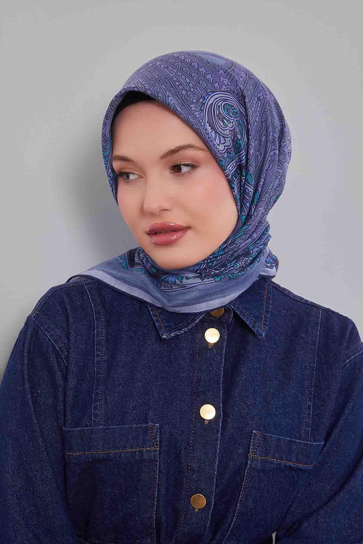 Fivescarf Bebe Mavisi Ebruli Desen Silk Coton Eşarp