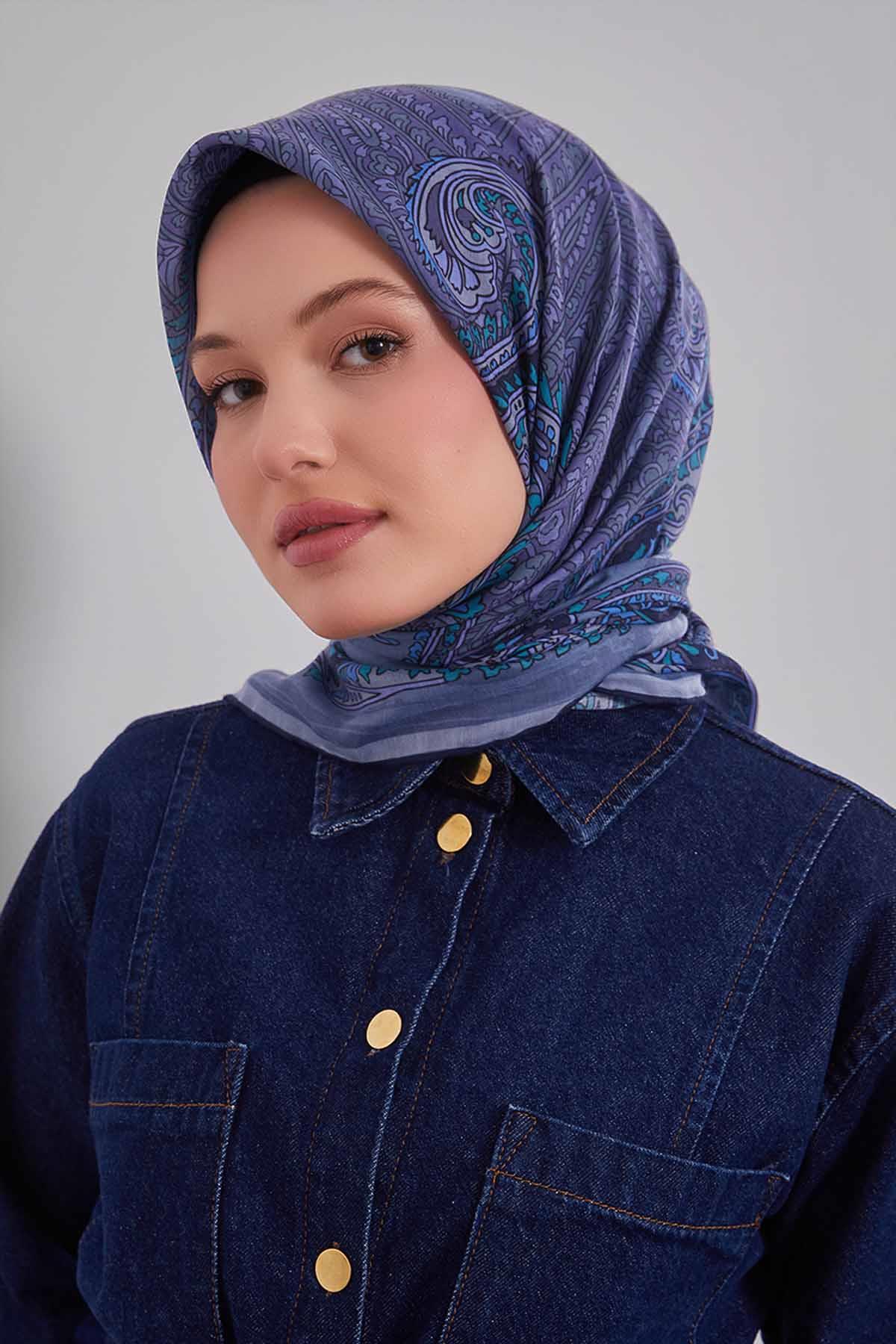 Fivescarf Bebe Mavisi Ebruli Desen Silk Coton Eşarp