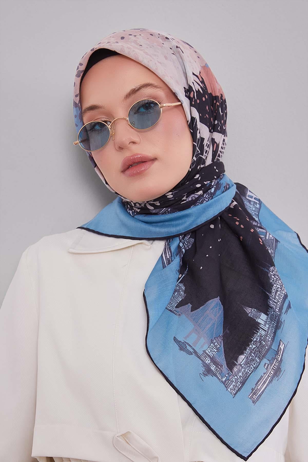 Fivescarf Bebe Mavisi Manzara Desen Silk Coton Eşarp