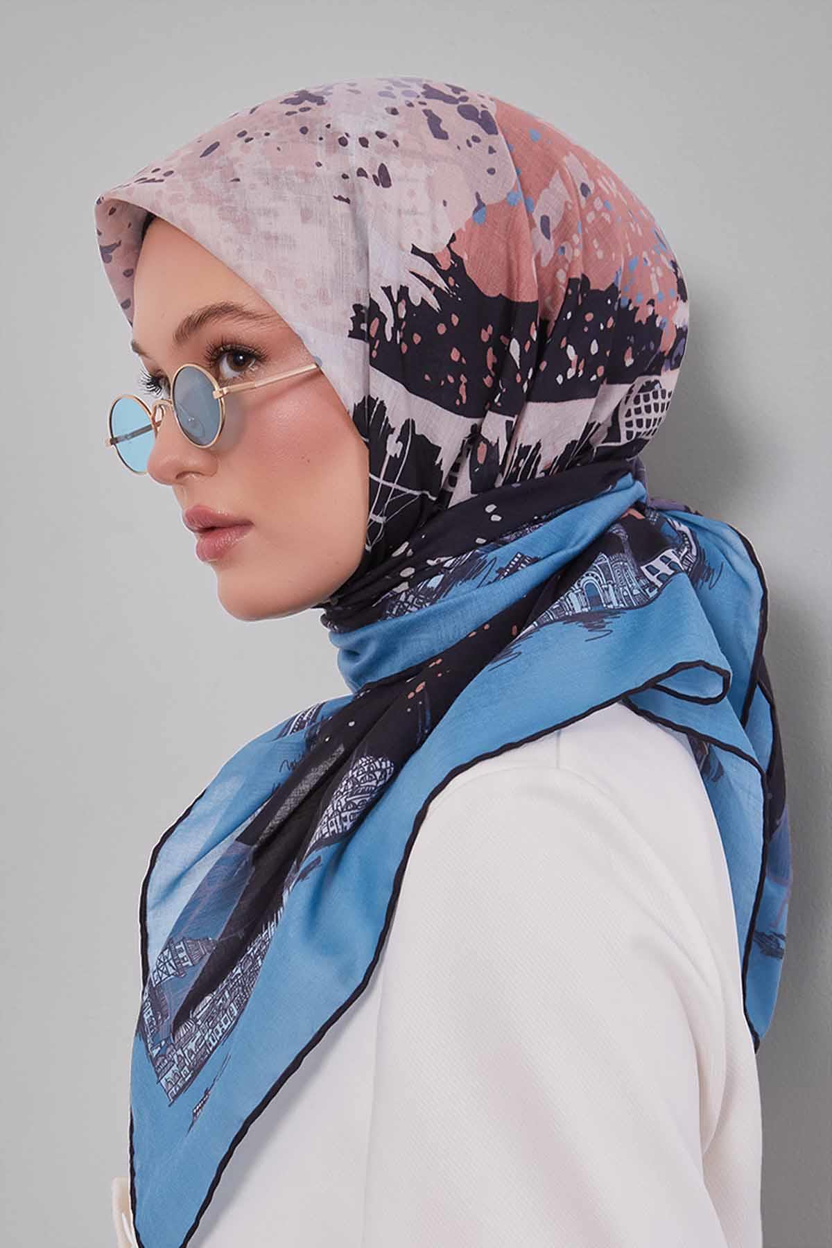 Fivescarf Bebe Mavisi Manzara Desen Silk Coton Eşarp