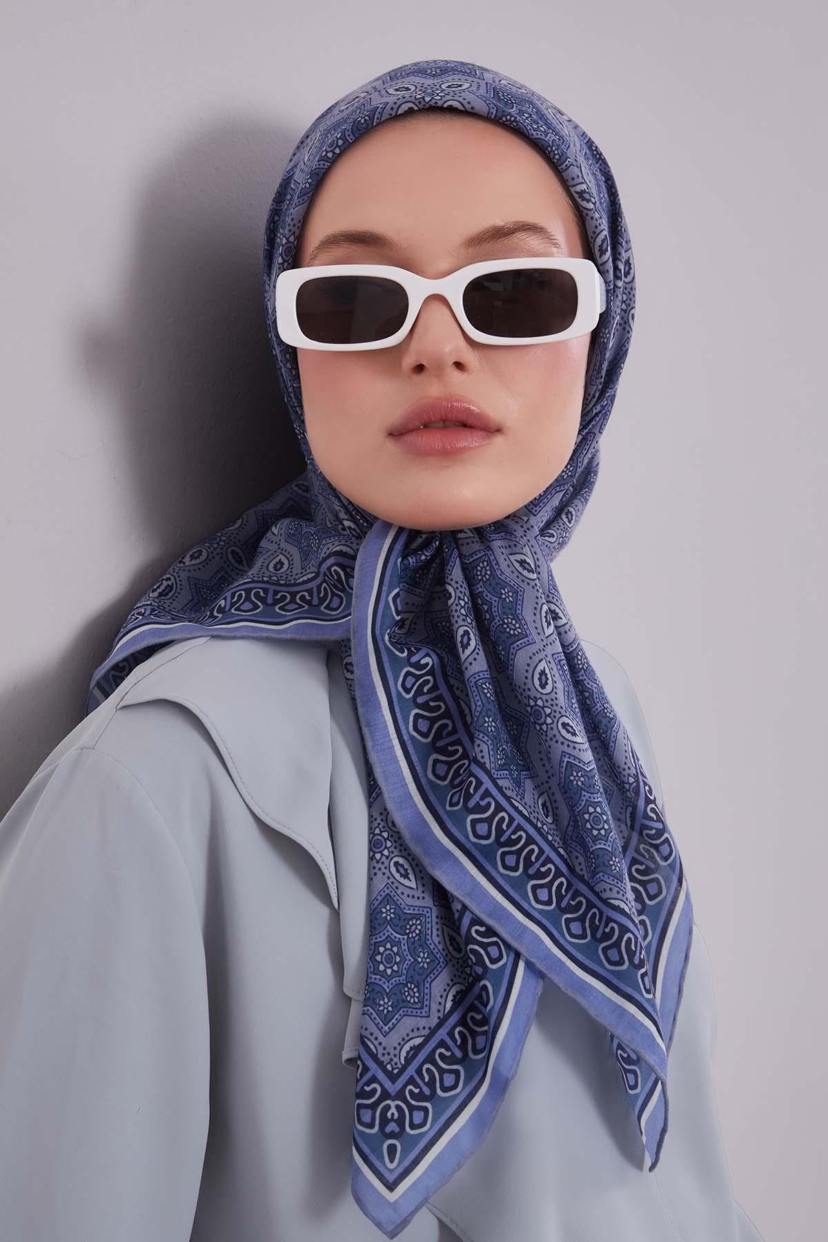 Fivescarf Bebe Mavisi Motif Desen Silk Coton Eşarp