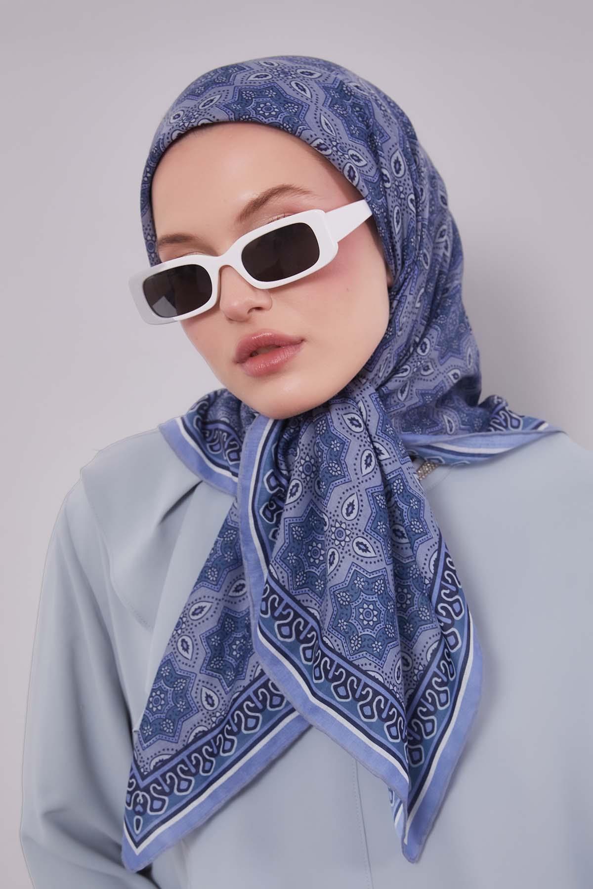 Fivescarf Bebe Mavisi Motif Desen Silk Coton Eşarp