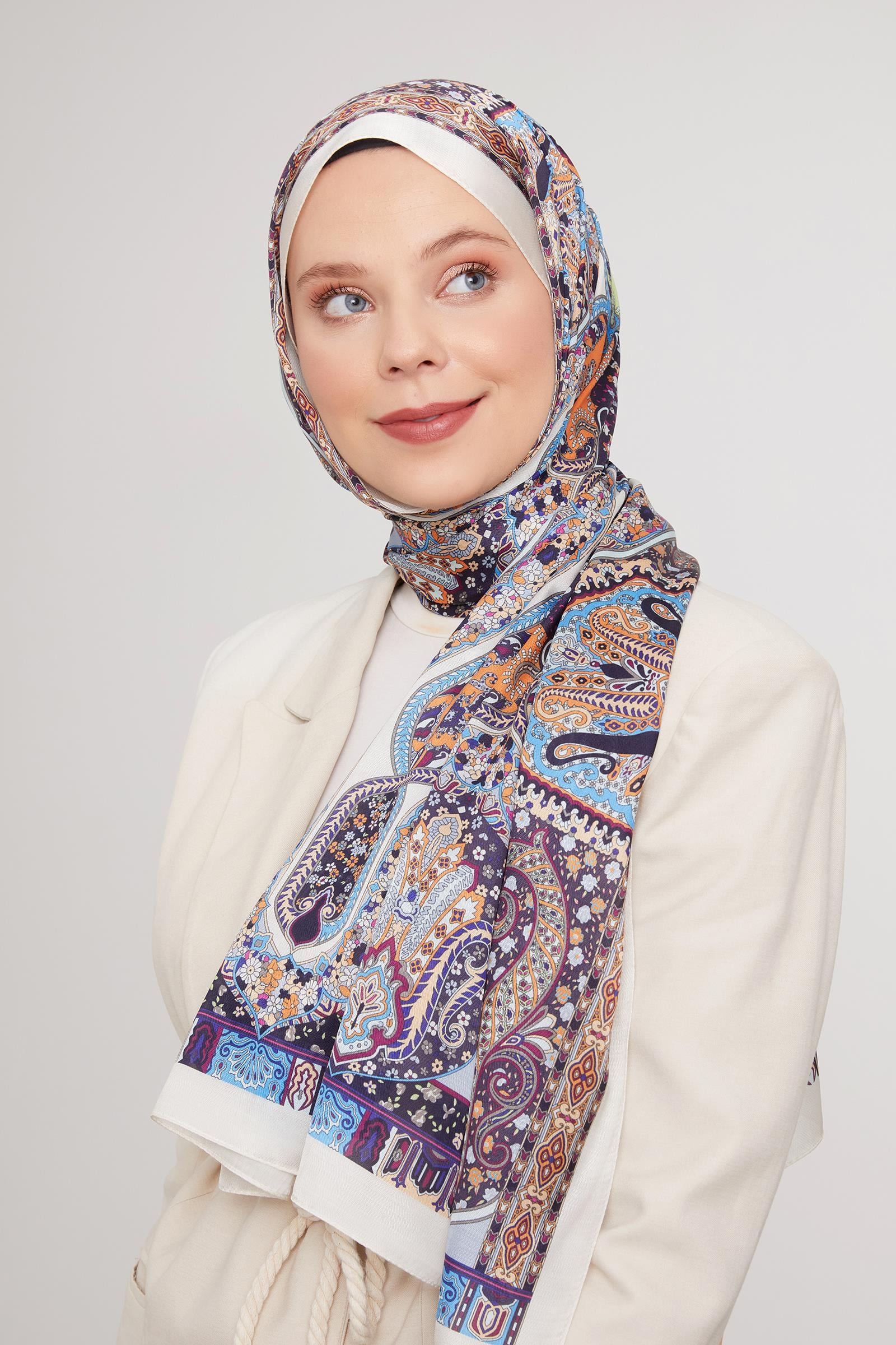 Fivescarf Bej Etnik Baskılı Vual İpek Şal