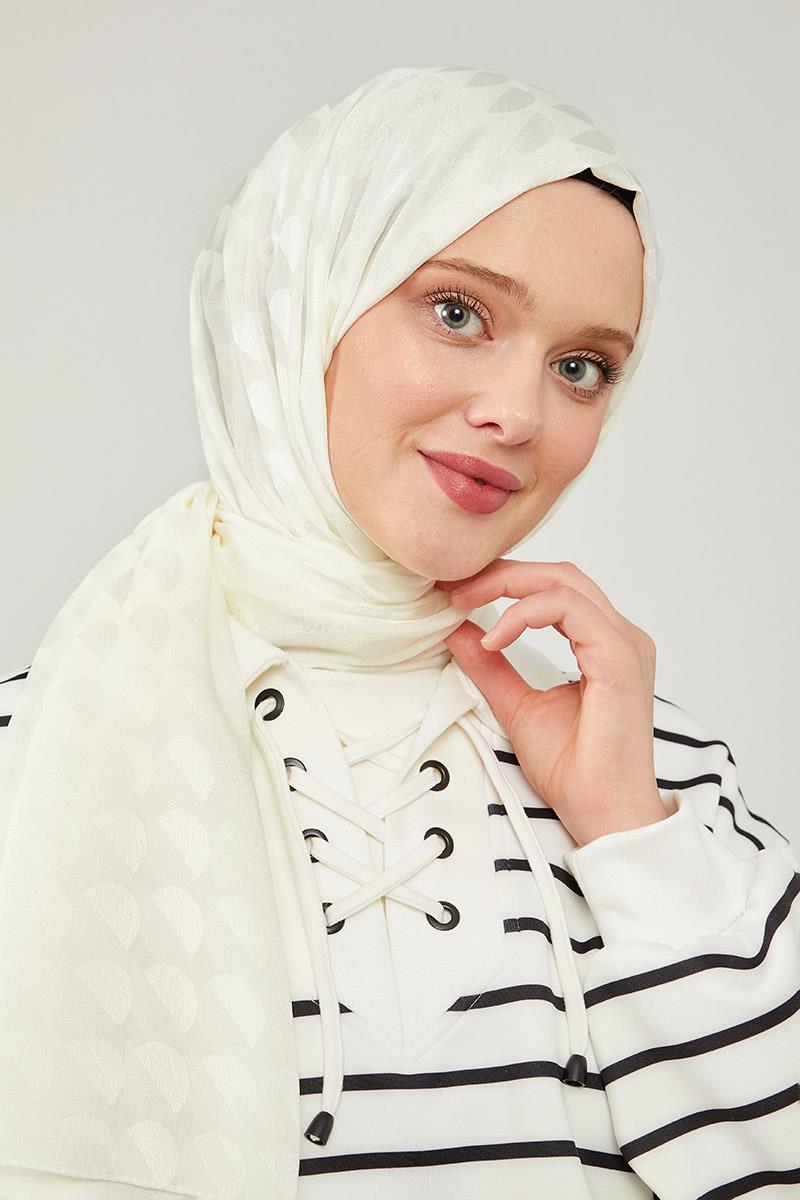 Fivescarf Beyaz Ay Desen Jakarlı Elegance Şal
