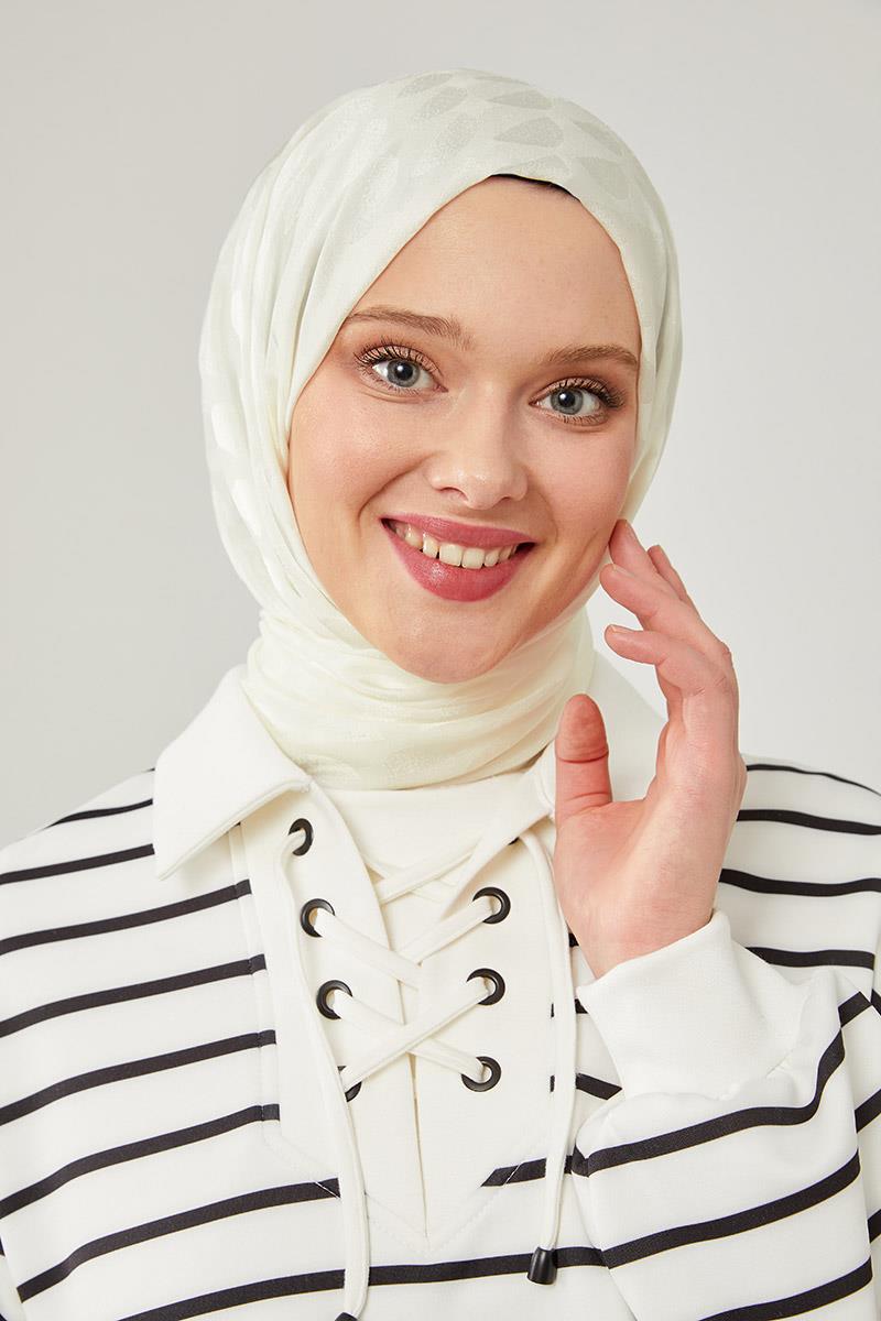 Fivescarf Beyaz Ay Desen Jakarlı Elegance Şal