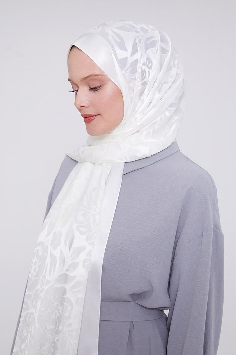 Fivescarf Beyaz Çiçek Desen Deluxe Devore Şal