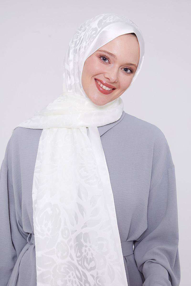 Fivescarf Beyaz Çiçek Desen Deluxe Devore Şal