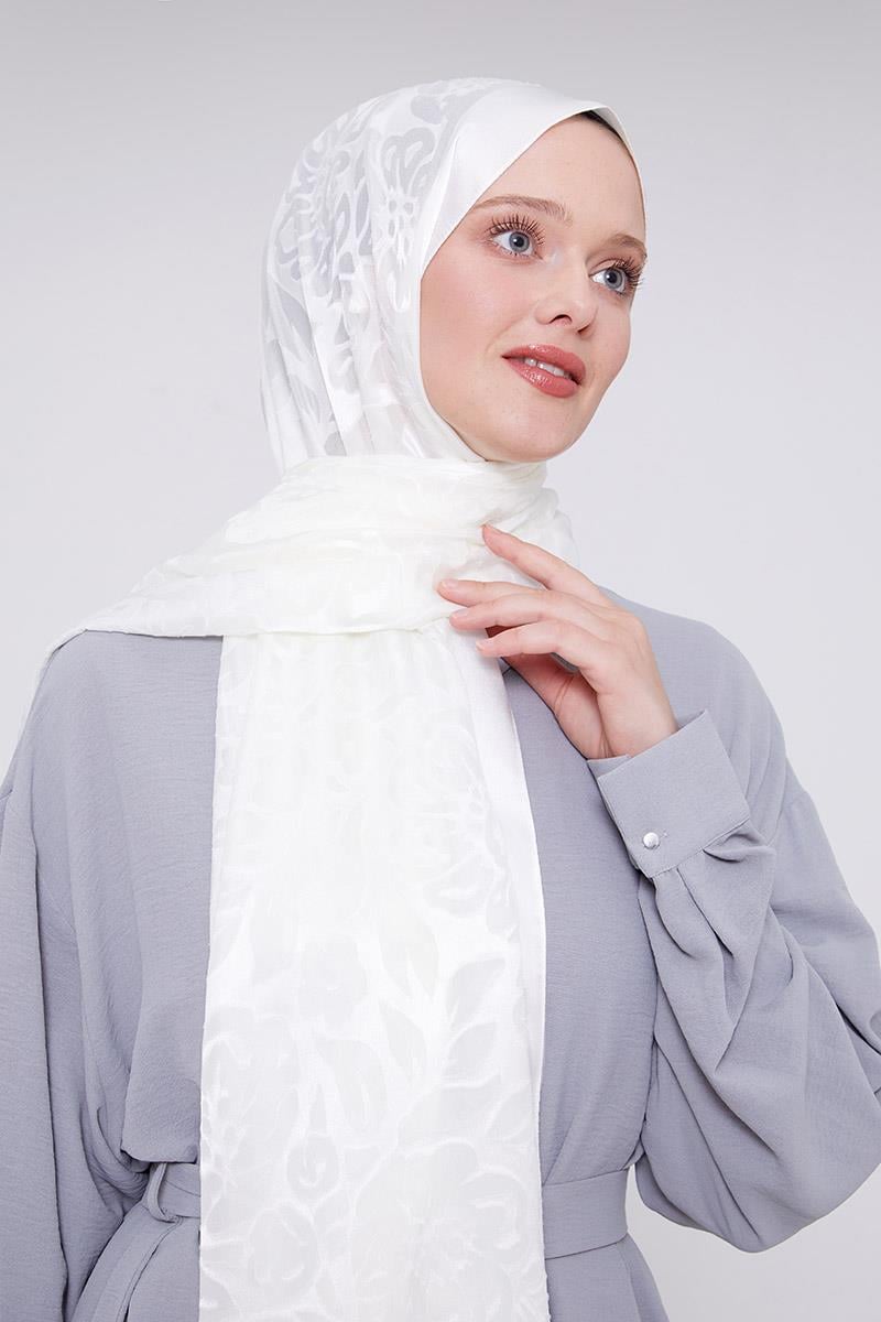 Fivescarf Beyaz Çiçek Desen Deluxe Devore Şal