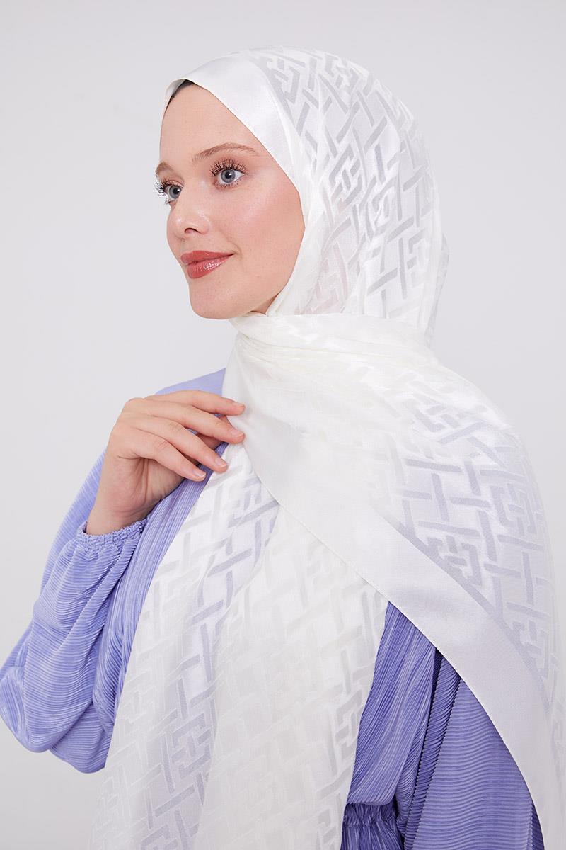 Fivescarf Beyaz Geometrik Desen Deluxe Devore Şal