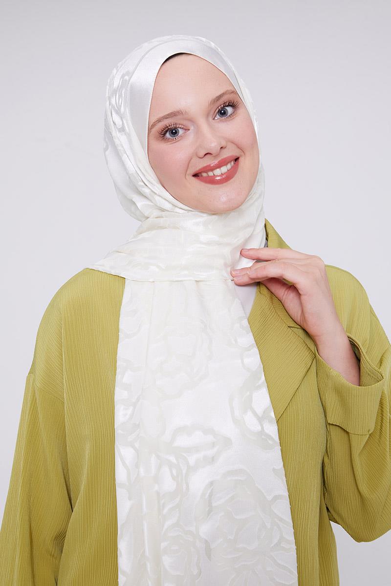 Fivescarf Beyaz Gül Desen Deluxe Devore Şal