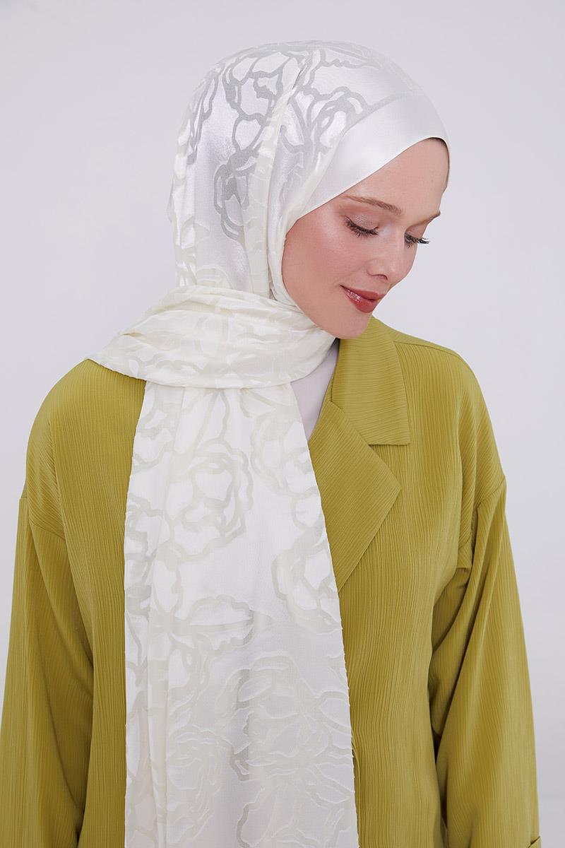 Fivescarf Beyaz Gül Desen Deluxe Devore Şal