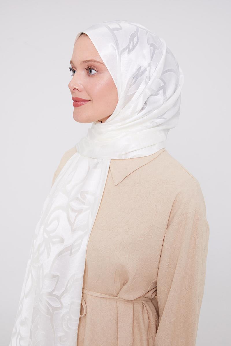 Fivescarf Beyaz Yonca Desen Deluxe Devore Şal