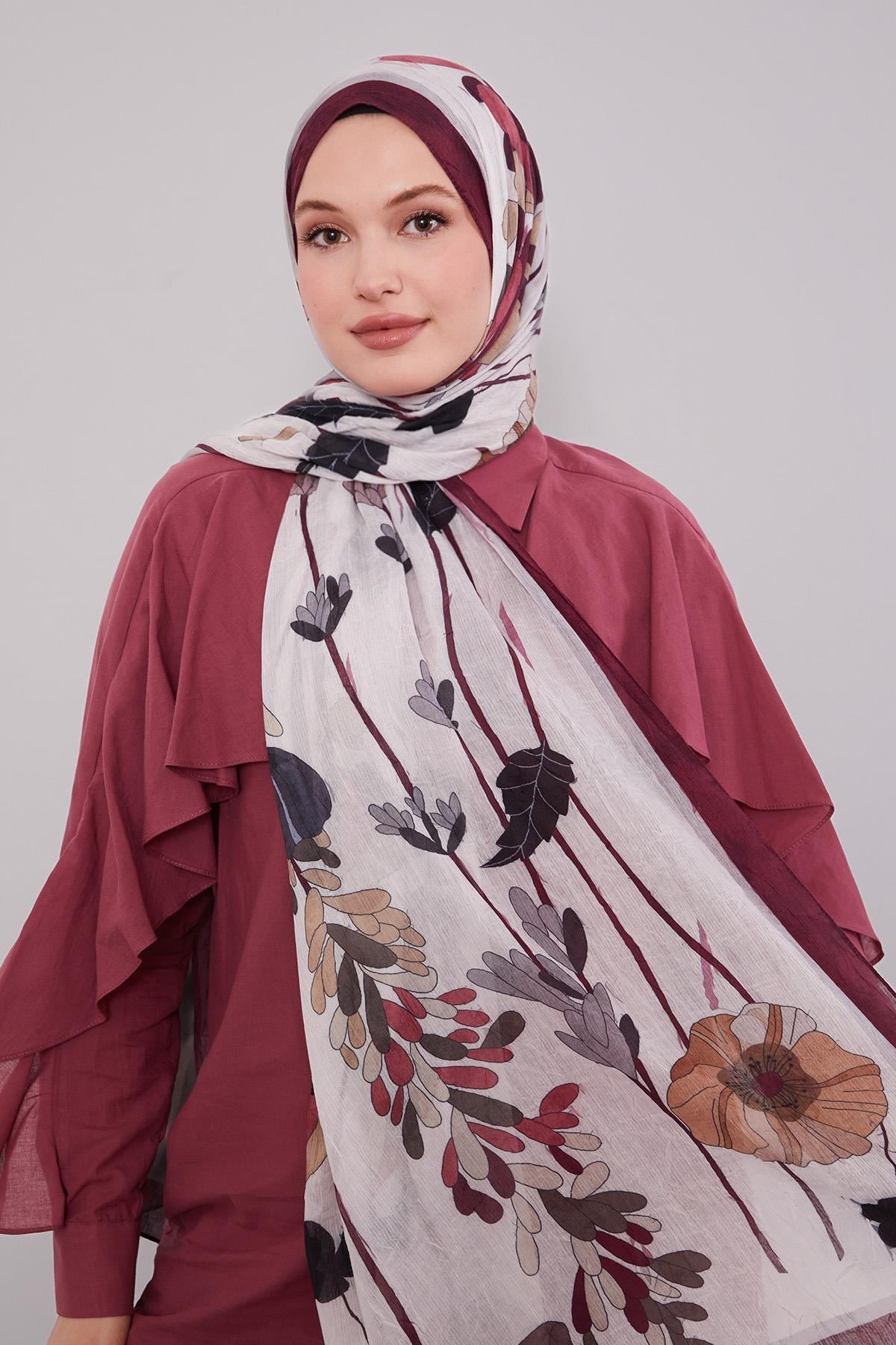 Fivescarf Bordo Büyük Çiçek Desenli Craze Comfort Şal