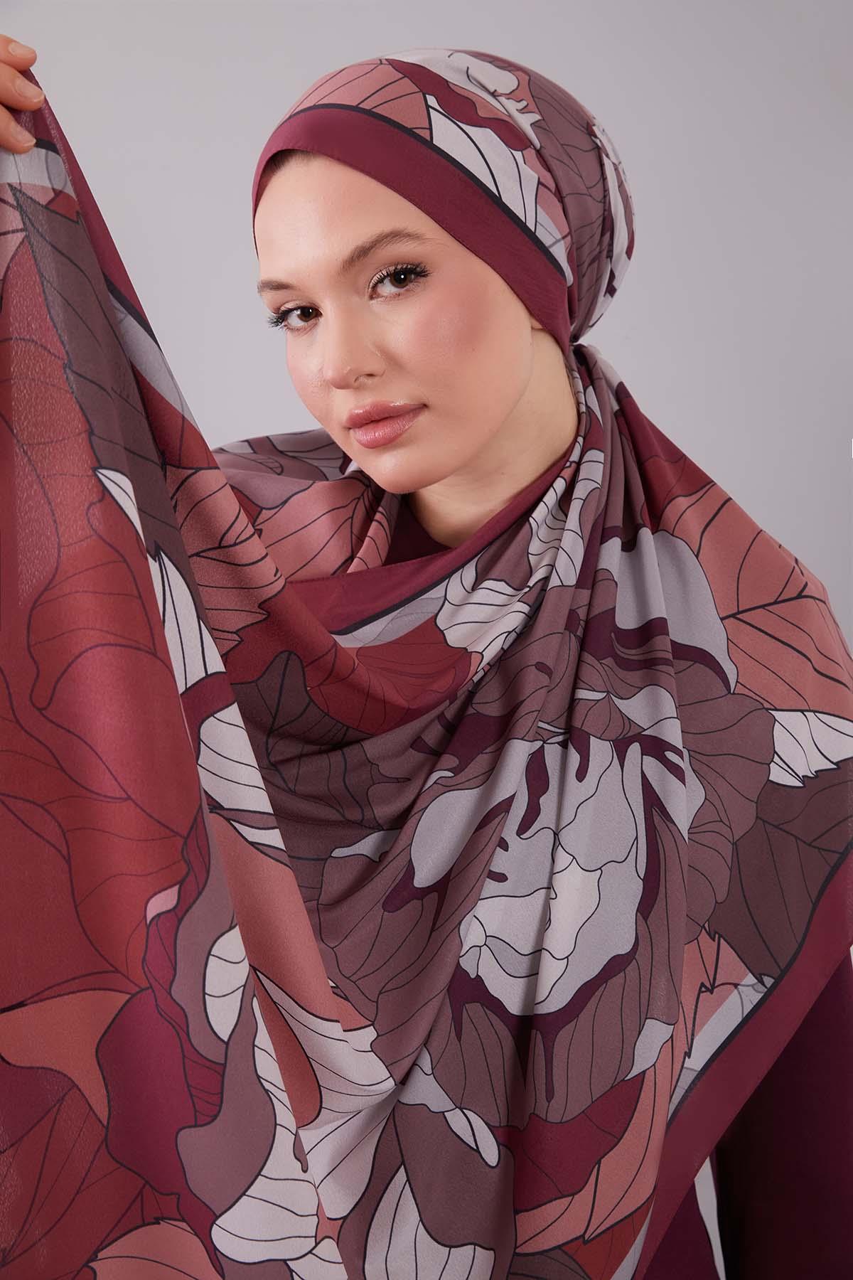 Fivescarf Bordo Çiçekli Floral Desen Moos Chrep Şal