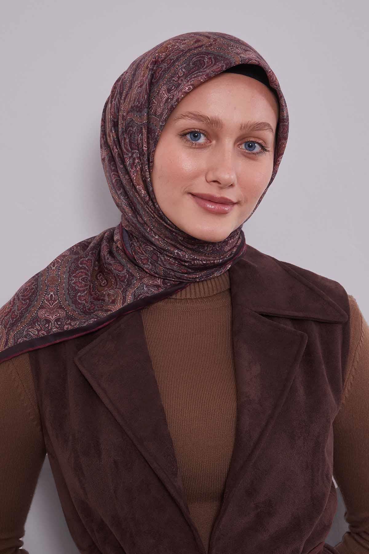 Fivescarf Bordo Çini Desen Silk Coton Eşarp