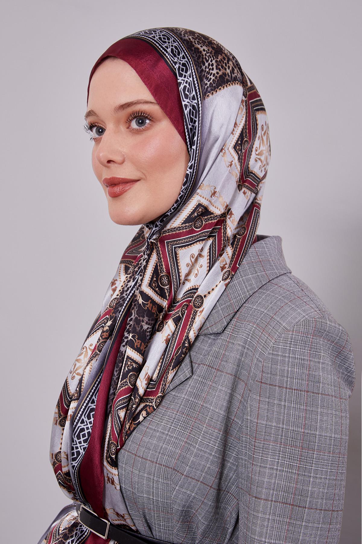 Fivescarf Bordo Geometrik Desen Vual İpek Şal