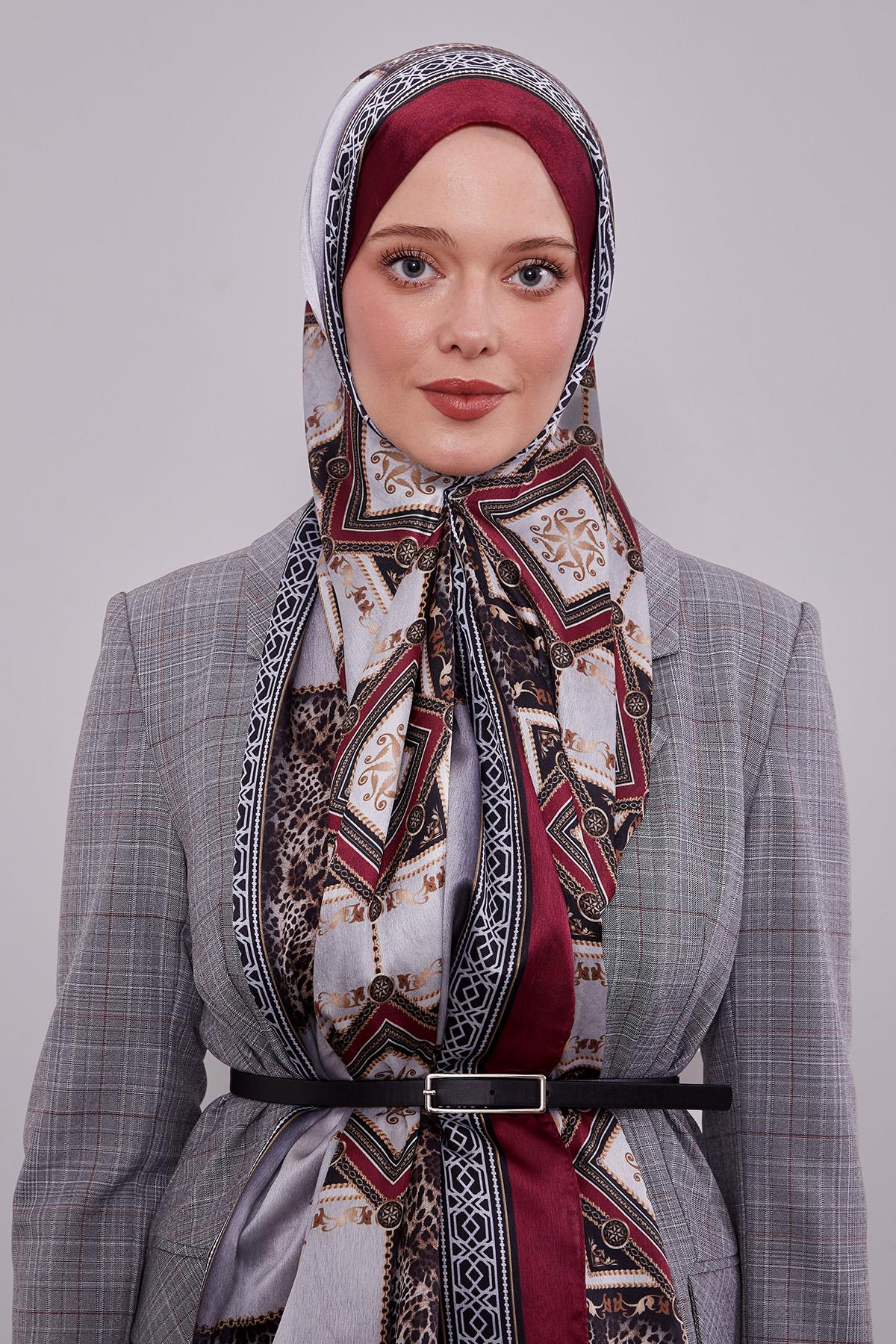 Fivescarf Bordo Geometrik Desen Vual İpek Şal