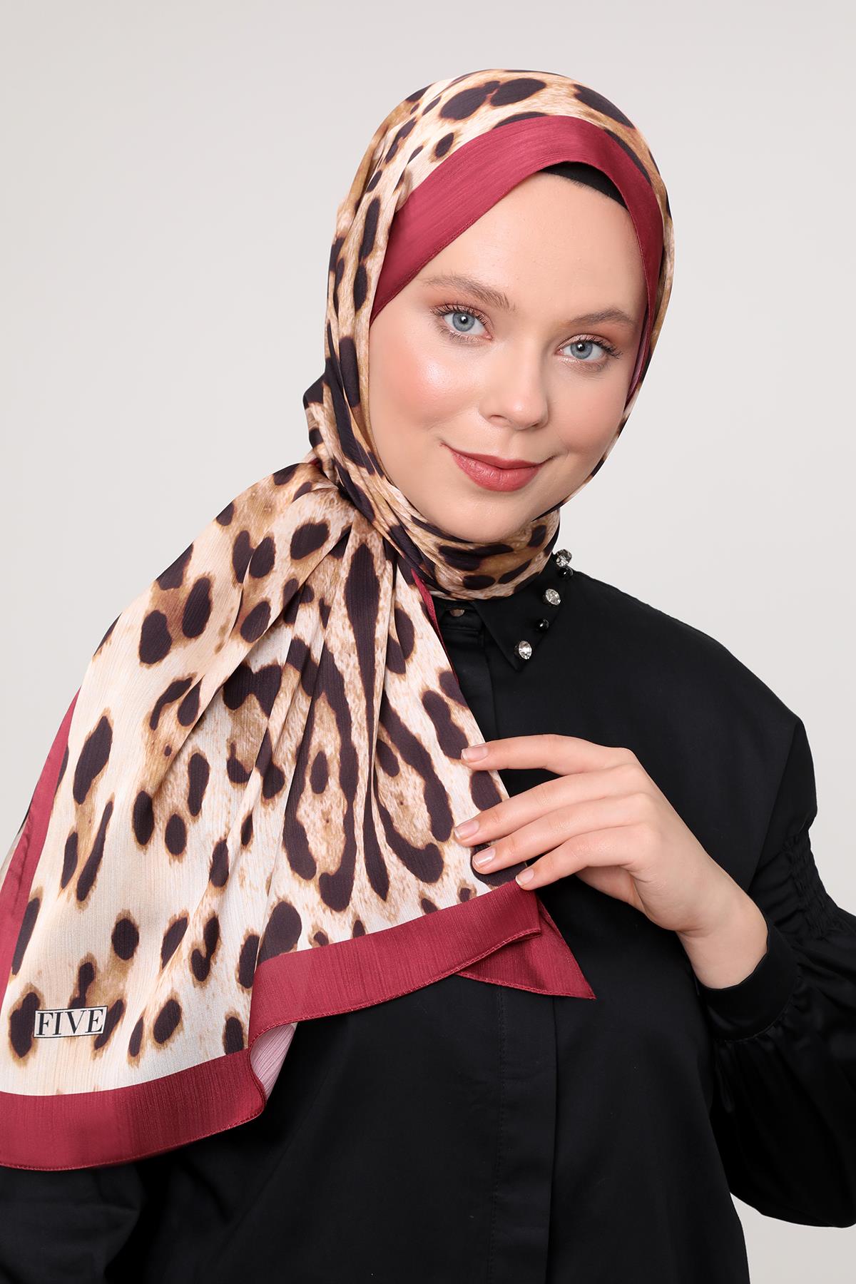 Fivescarf Bordo Leopar Desen Brand Şal