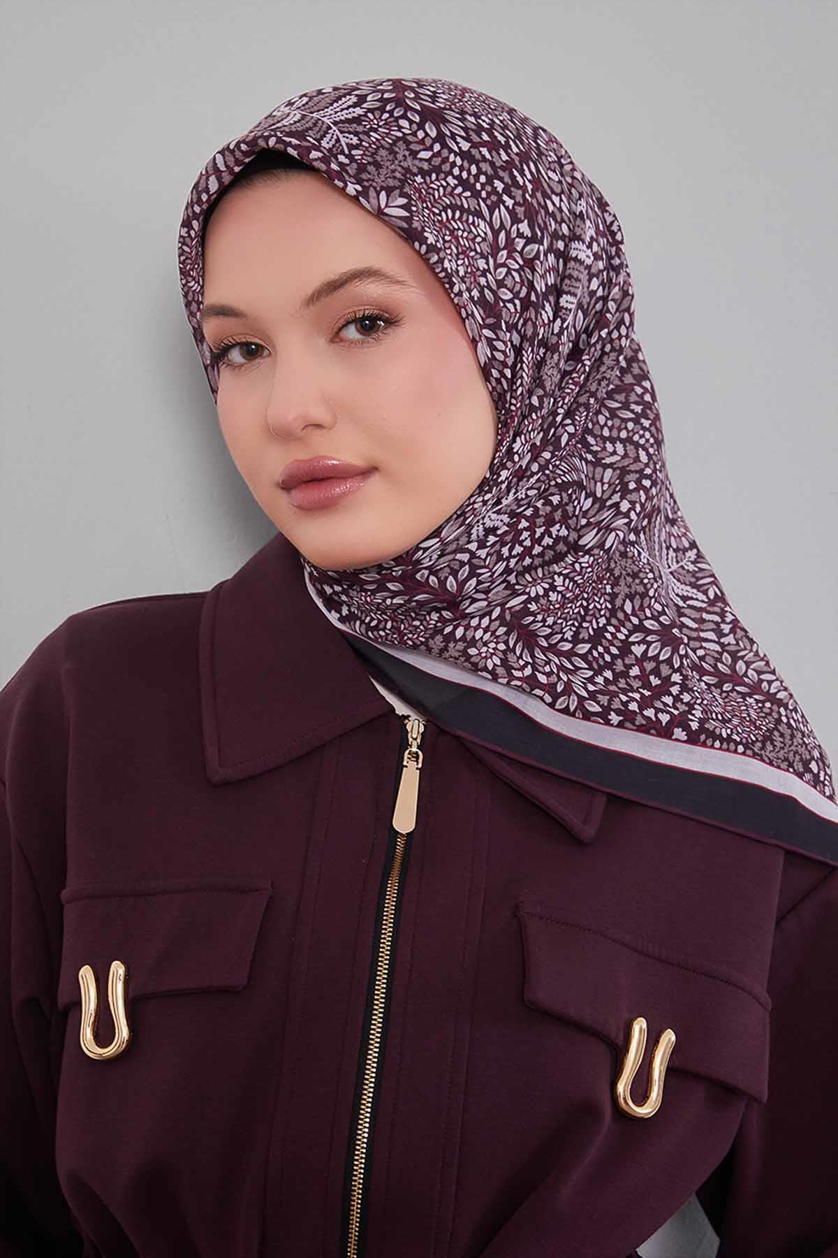 Fivescarf Bordo Mini Yaprak Desen Silk Coton Eşarp