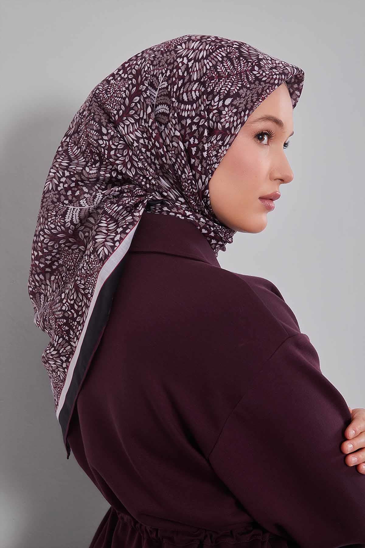 Fivescarf Bordo Mini Yaprak Desen Silk Coton Eşarp