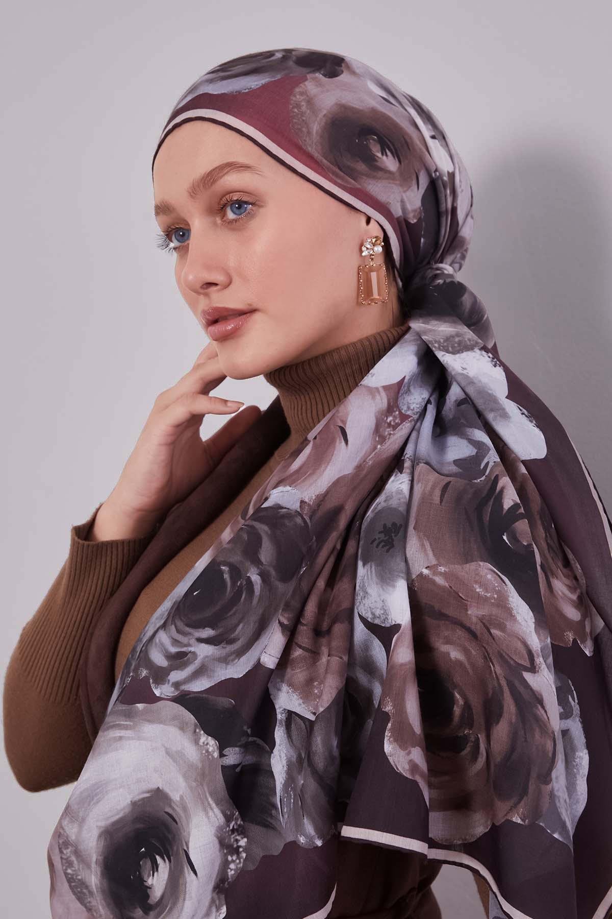 Fivescarf Çikolata Kahve Çiçek Desen Slik Coton Eşarp