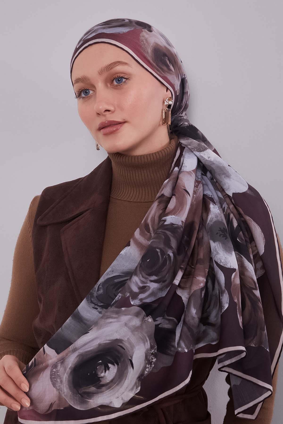 Fivescarf Çikolata Kahve Çiçek Desen Slik Coton Eşarp