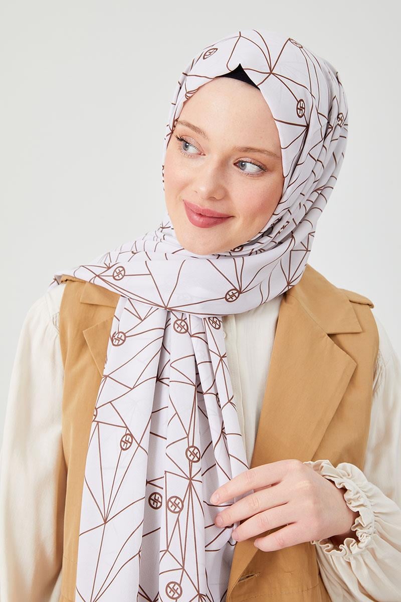 Fivescarf Çikolata Kahve Geometrik Desen Violet Medine İpeği Şal
