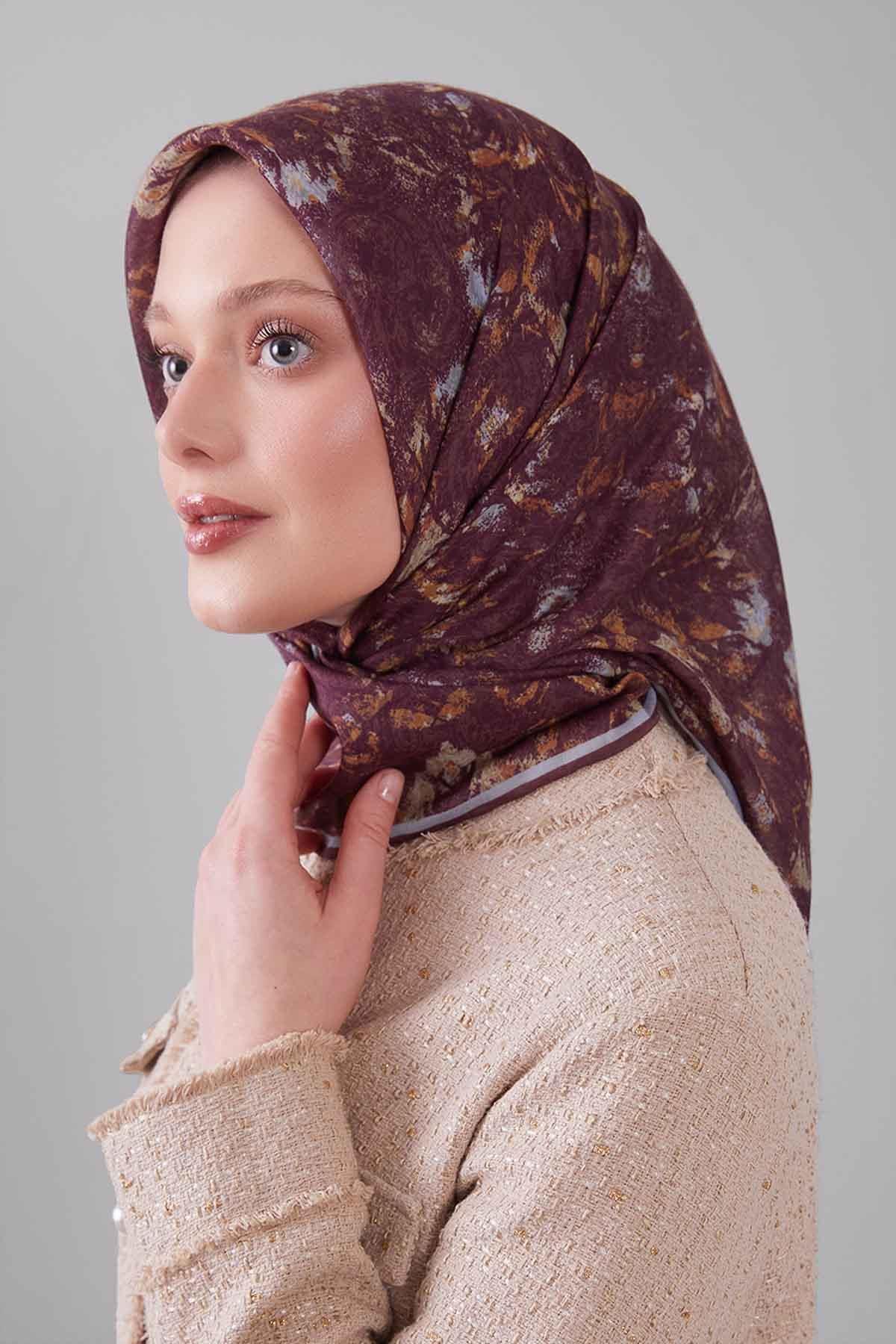 Fivescarf Çikolata Kahve Retro Çiçek Desen Silk Coton Eşarp