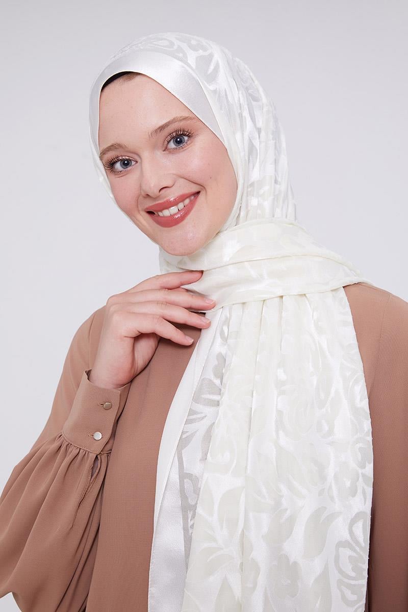 Fivescarf Ekru Çiçek Desen Deluxe Devore Şal