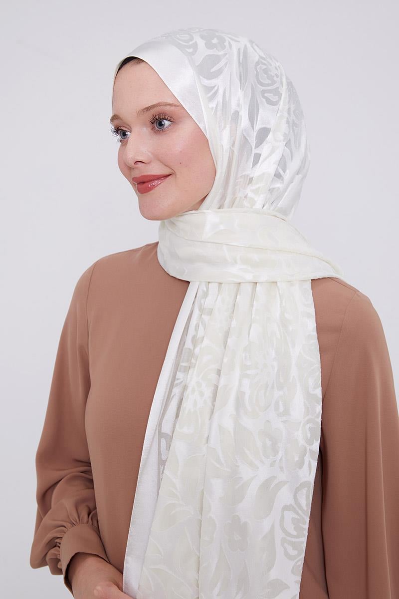 Fivescarf Ekru Çiçek Desen Deluxe Devore Şal