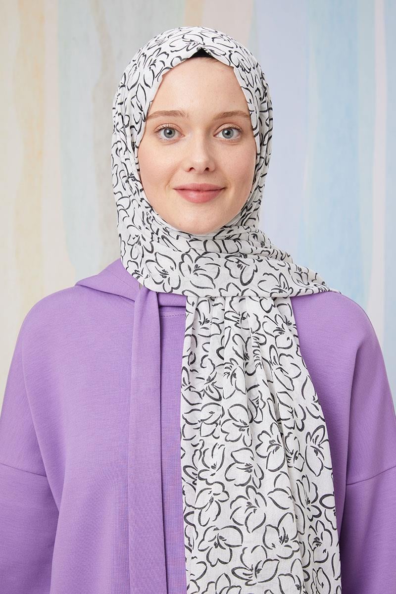Fivescarf Ekru Desenli Cotton Şal