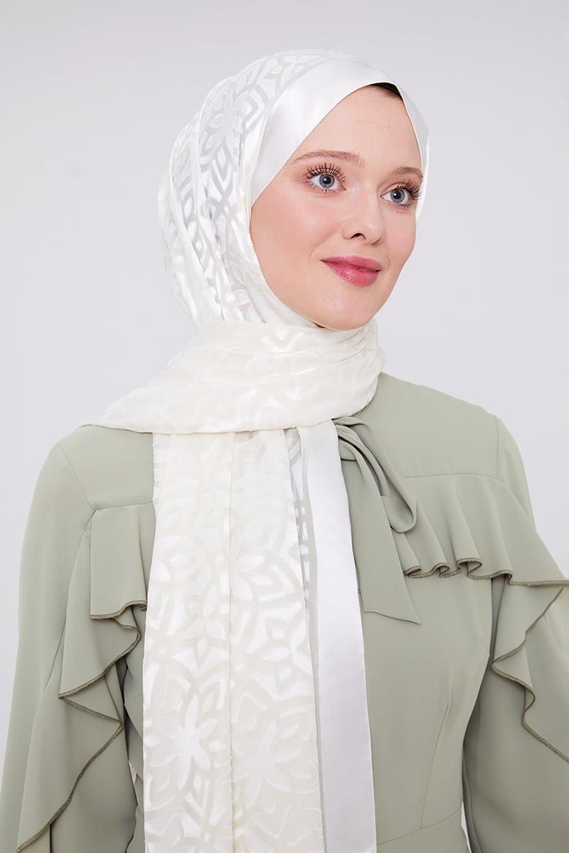 Fivescarf Ekru Yonca Desen Deluxe Devore Şal
