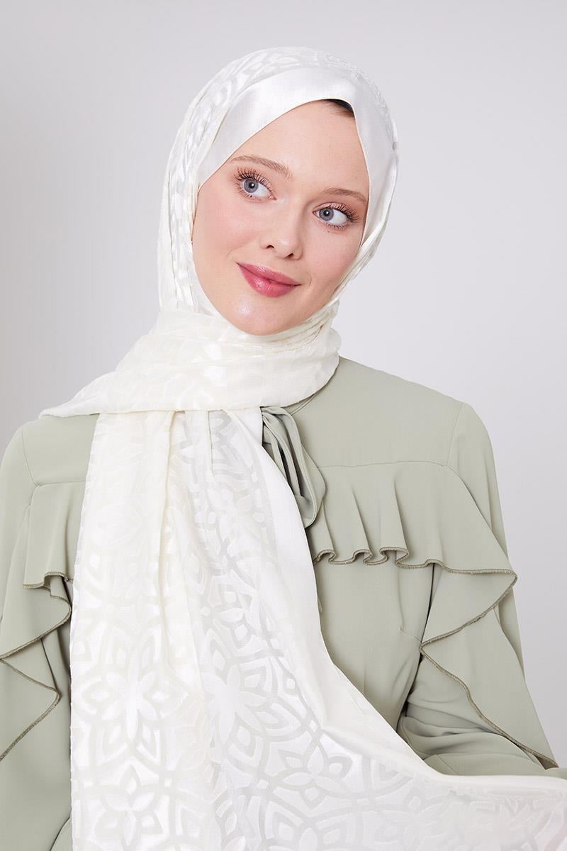 Fivescarf Ekru Yonca Desen Deluxe Devore Şal