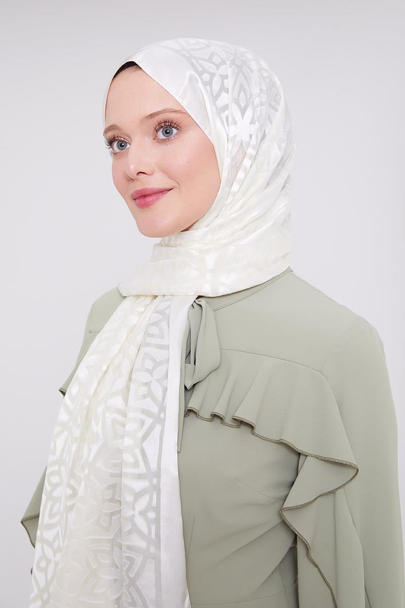 Fivescarf Ekru Yonca Desen Deluxe Devore Şal