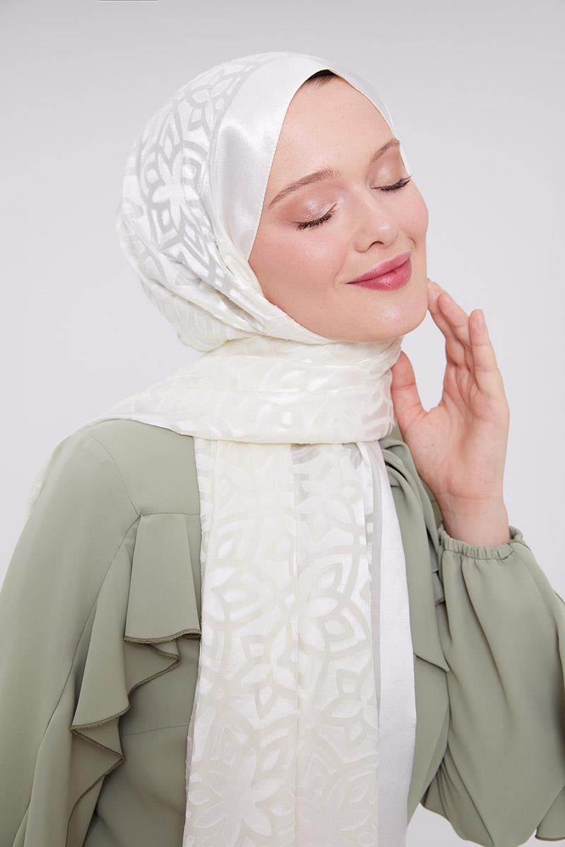 Fivescarf Ekru Yonca Desen Deluxe Devore Şal