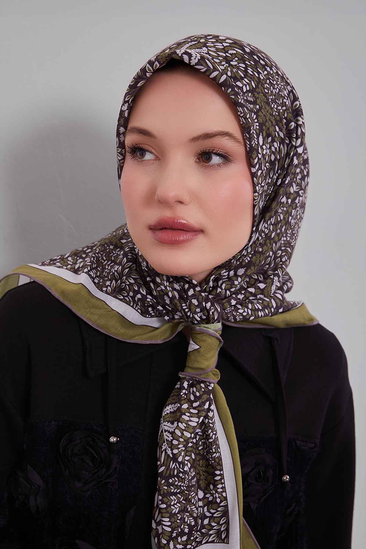 Fivescarf Fıstık Yeşili Mini Yaprak Desen Silk Coton Eşarp
