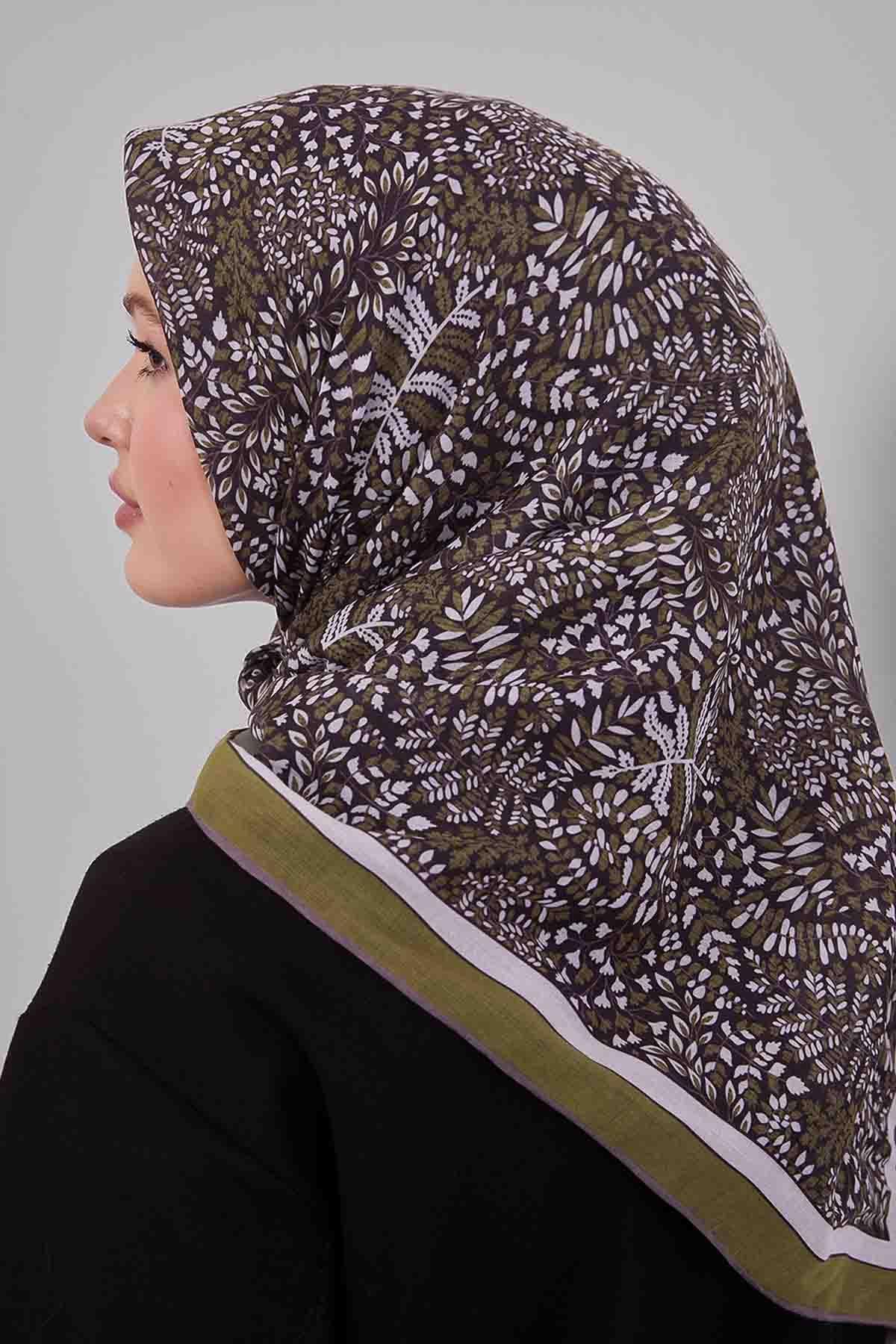 Fivescarf Fıstık Yeşili Mini Yaprak Desen Silk Coton Eşarp