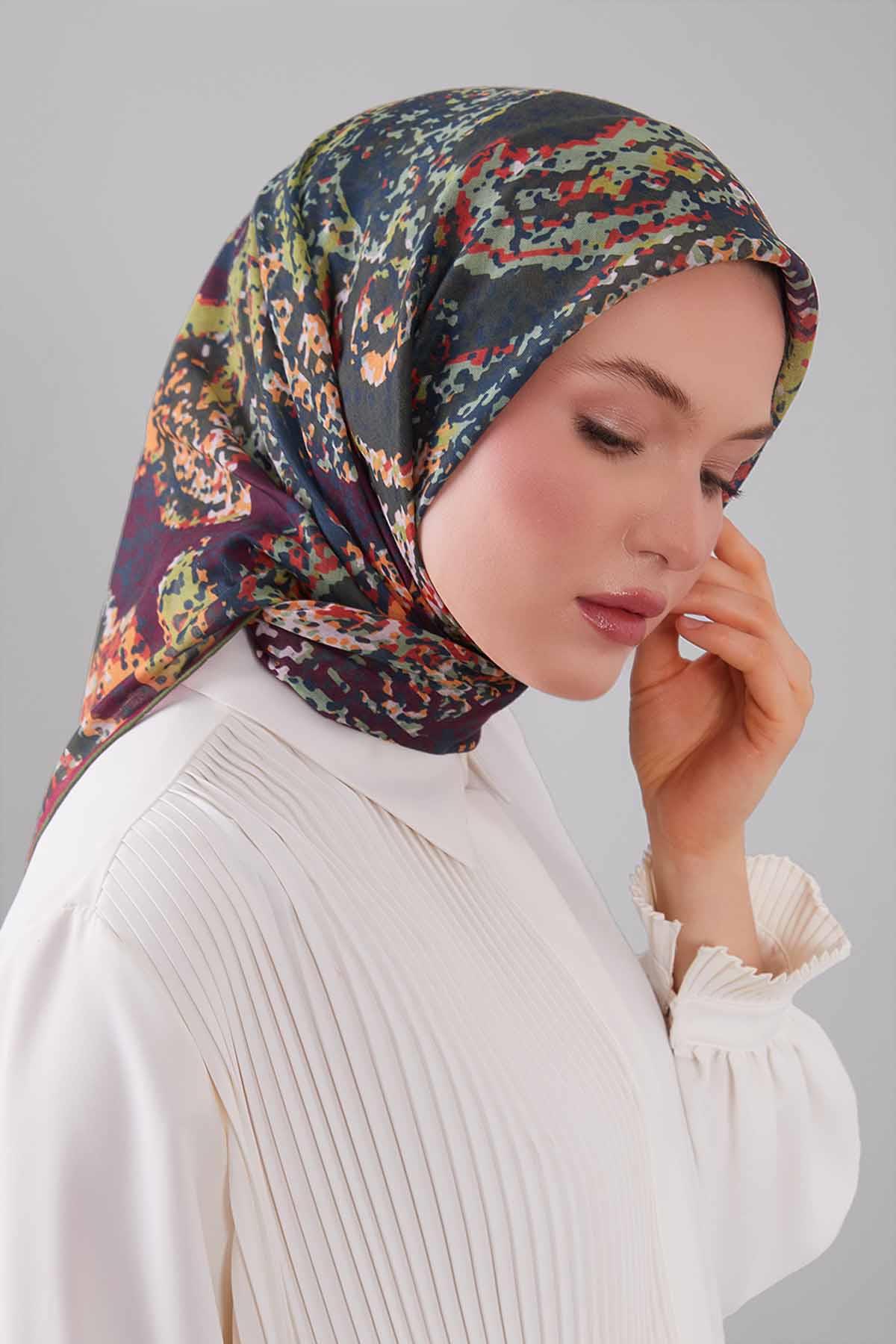 Fivescarf Fıstık Yeşili Mozaik Desen Silk Coton Eşarp