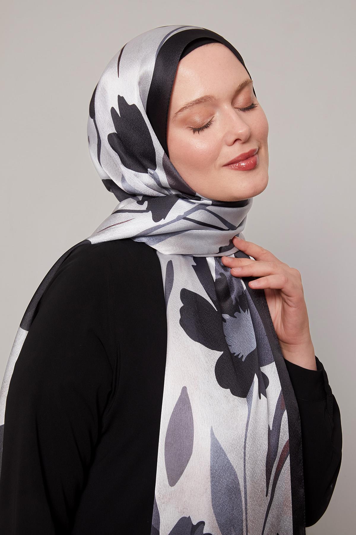 Fivescarf Füme Somut Çiçek Desenli Vual İpek Şal